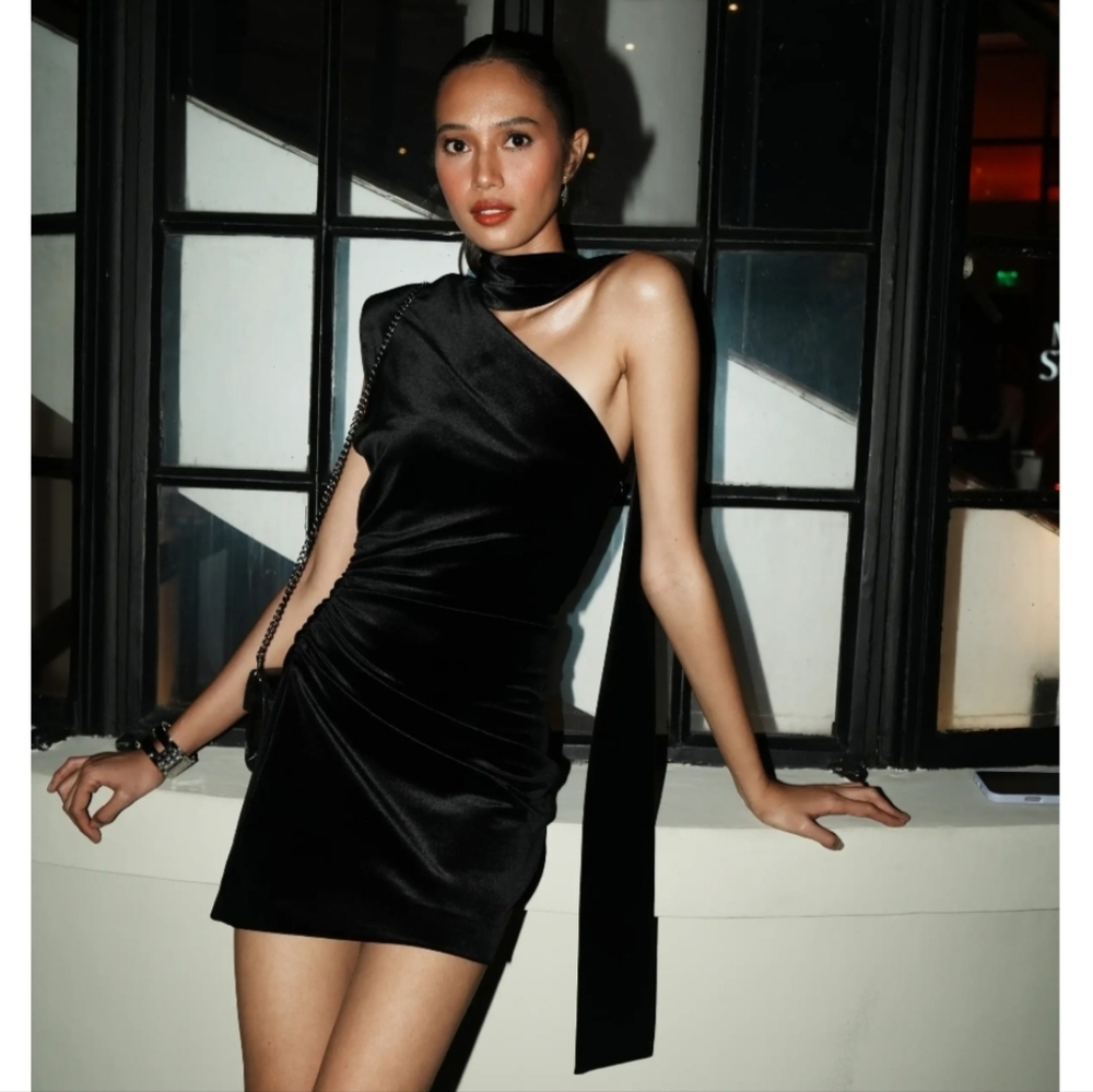 ZARA SCARF VELVET MINI DRESS BLACK